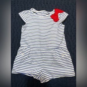 Janie & Jack romper, blue and white stripes with red bow in size 4.